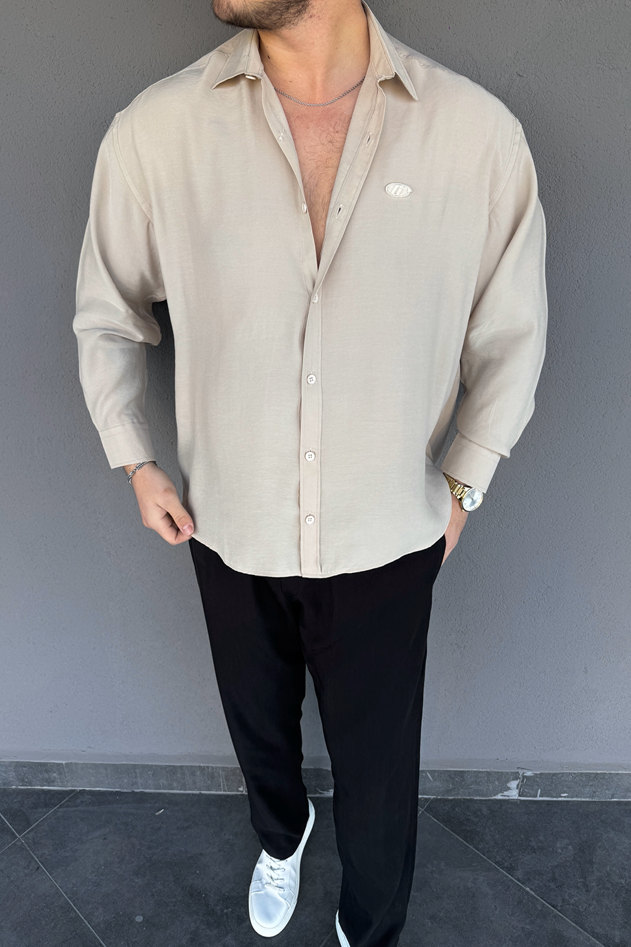 BEJ PREMİUM SERİ MODAL KUMAŞ OVERSİZE GÖMLEK