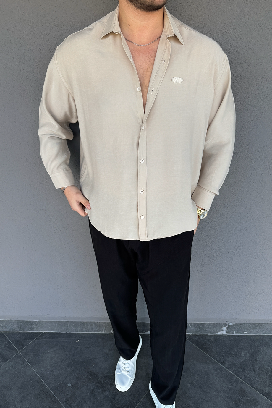 BEJ PREMİUM SERİ MODAL KUMAŞ OVERSİZE GÖMLEK