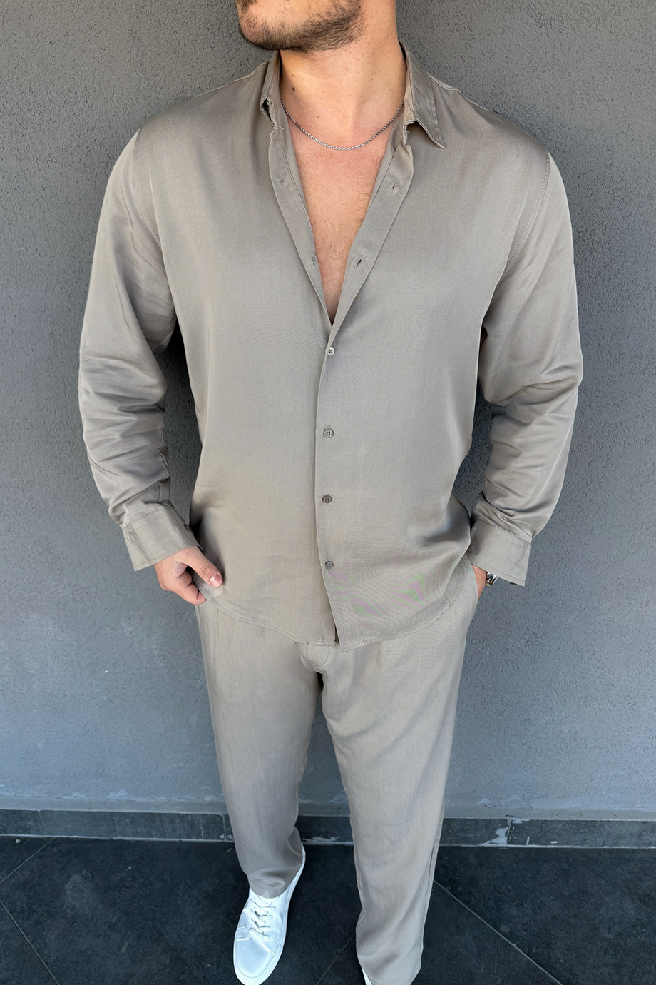 BEJ PREMİUM TENSEL KUMAŞ GÖMLEK-PANTALON TAKIM