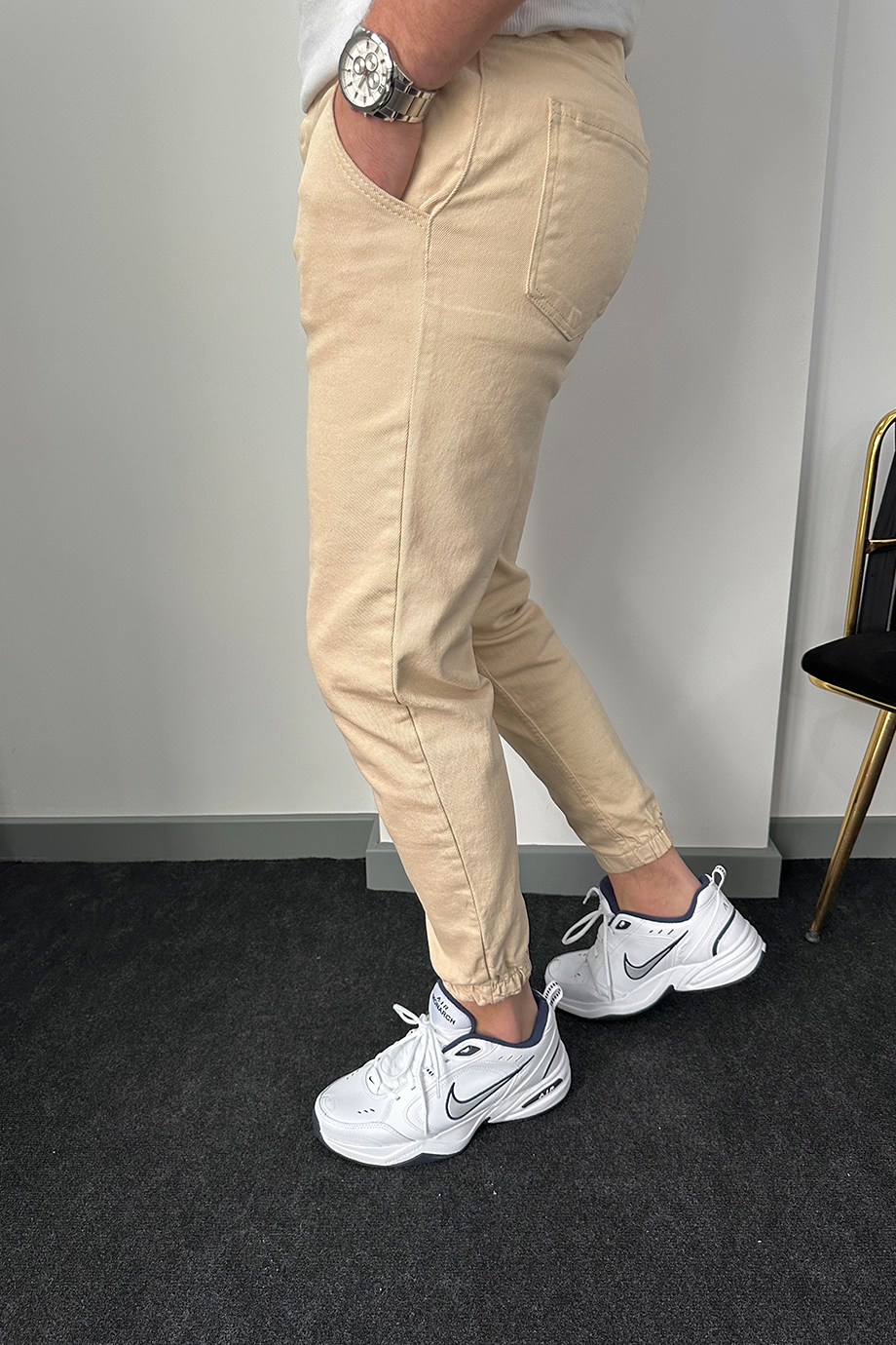 BEJ RELAXED KALIP PAÇA LASTİKLİ KOT PANTALON