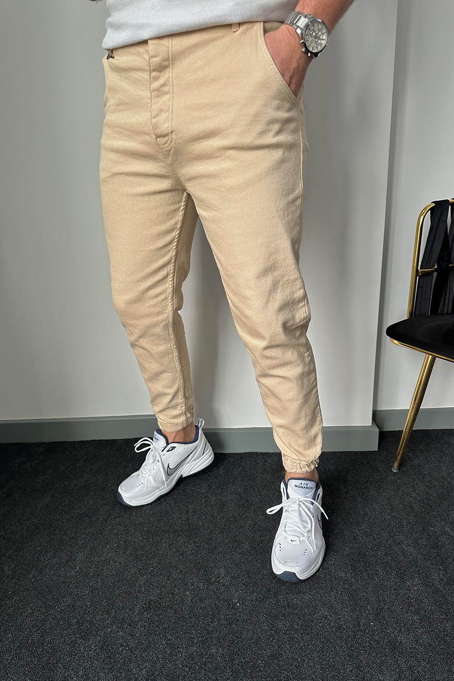 BEJ RELAXED KALIP PAÇA LASTİKLİ KOT PANTALON