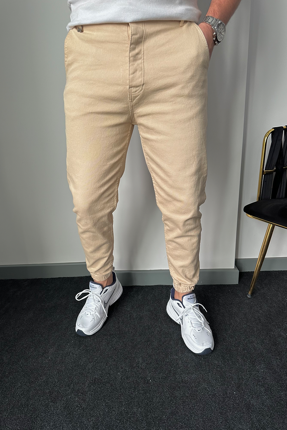 BEJ RELAXED KALIP PAÇA LASTİKLİ KOT PANTALON