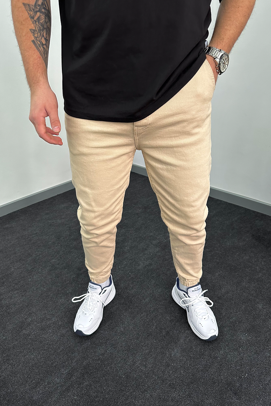 BEJ RELAXED KALIP PAÇA LASTİKLİ KOT PANTALON