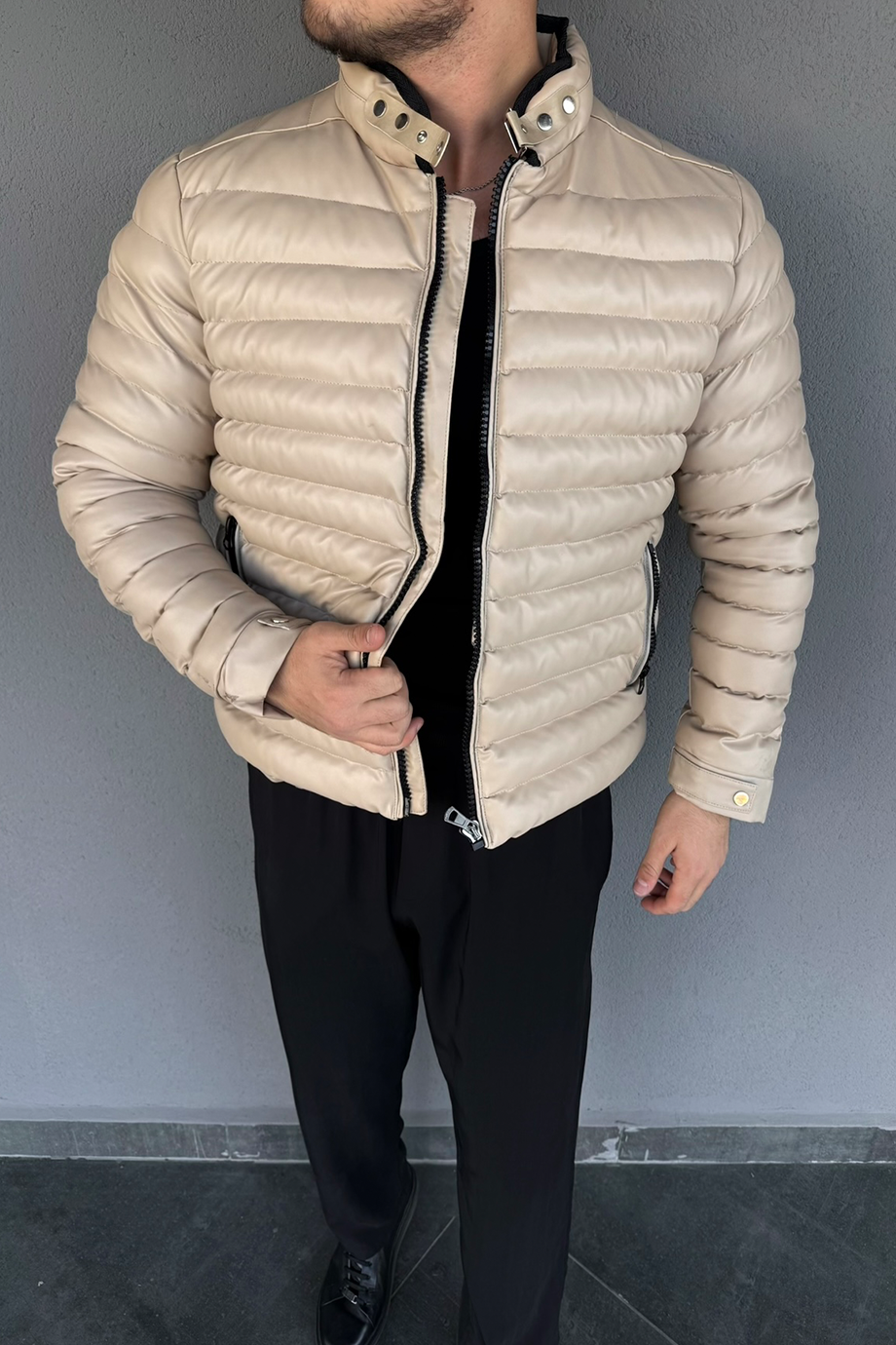 BEJ ŞİŞME DERİ İÇİ ASTARLI İNDİRİMLİ MONT