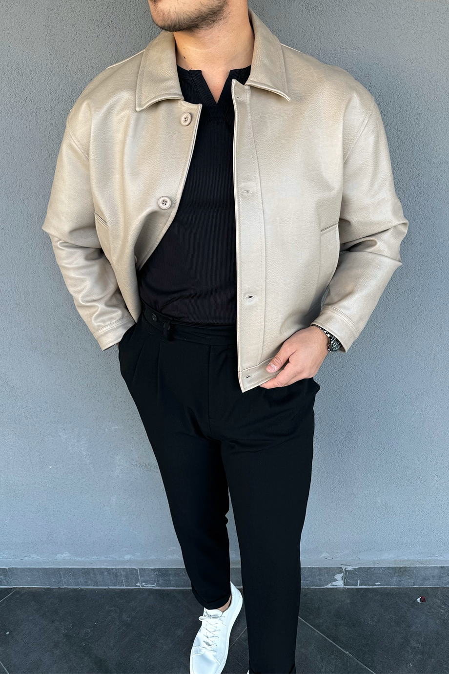 BEJ VİNTAGE RAHAT KALIP PREMİUM DERİ CEKET