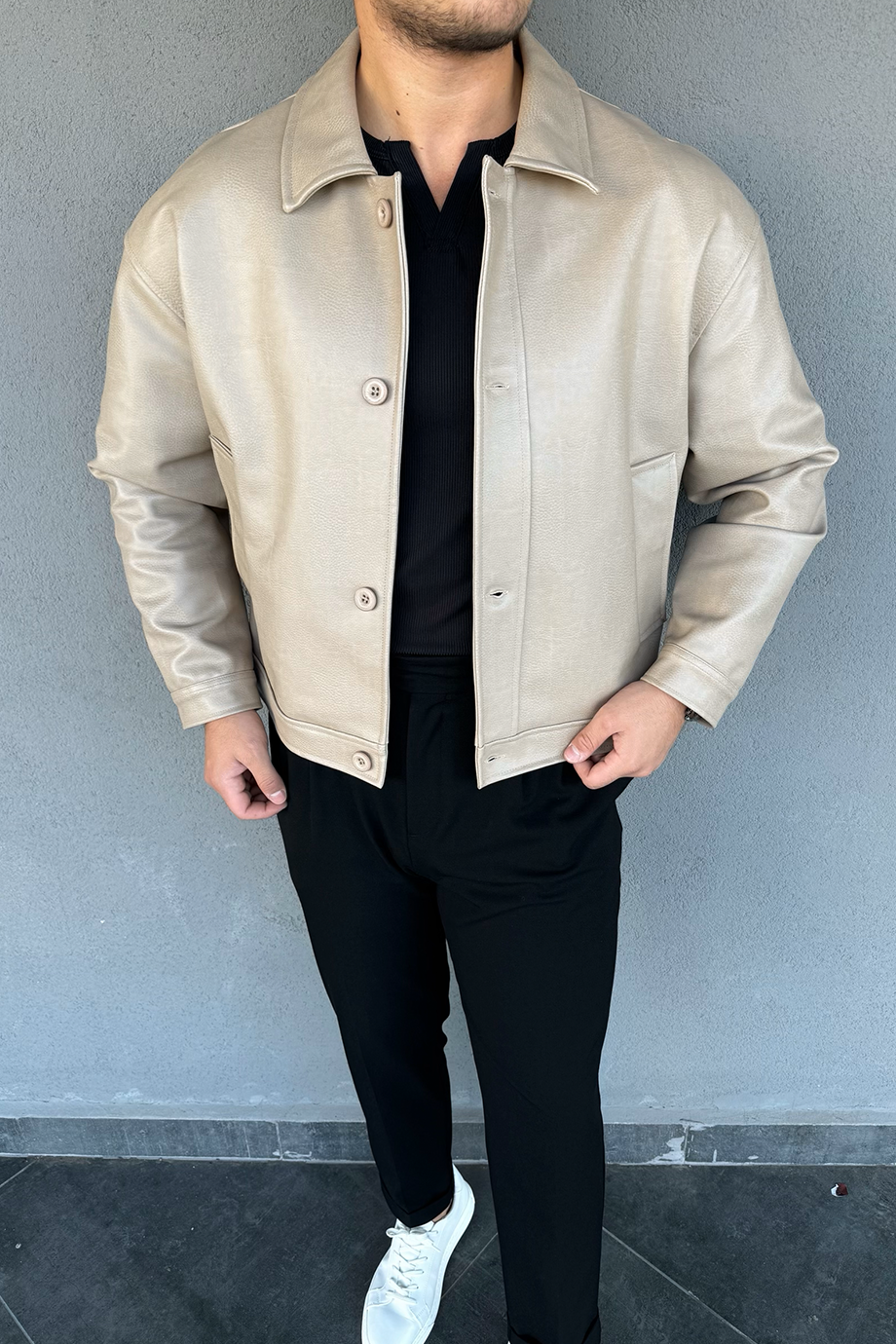 BEJ VİNTAGE RAHAT KALIP PREMİUM DERİ CEKET