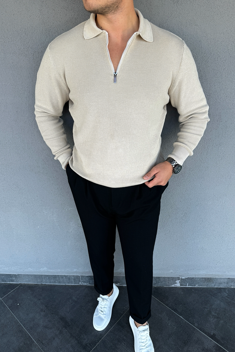 BEJ YARIM FERMUARLI İNCE ÖRME KAZAK