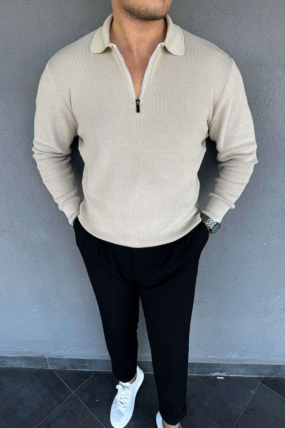 BEJ YARIM FERMUARLI İNCE ÖRME KAZAK