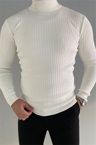 BEYAZ BALIKÇI YAKA FİTİLLİ KAZAK