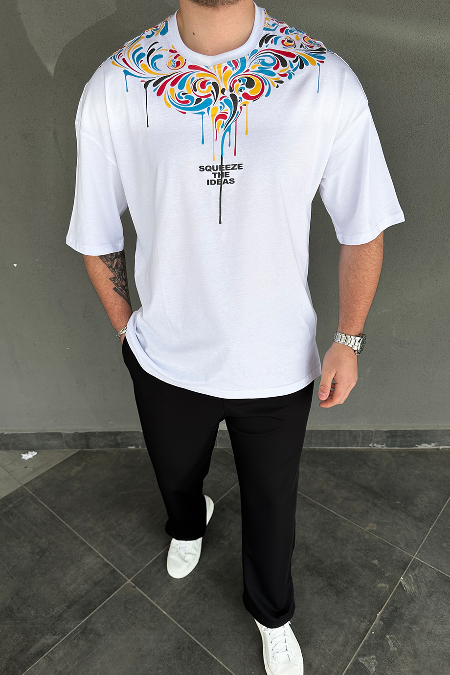 BEYAZ BASKILI OVERSIZE T-SHİRT