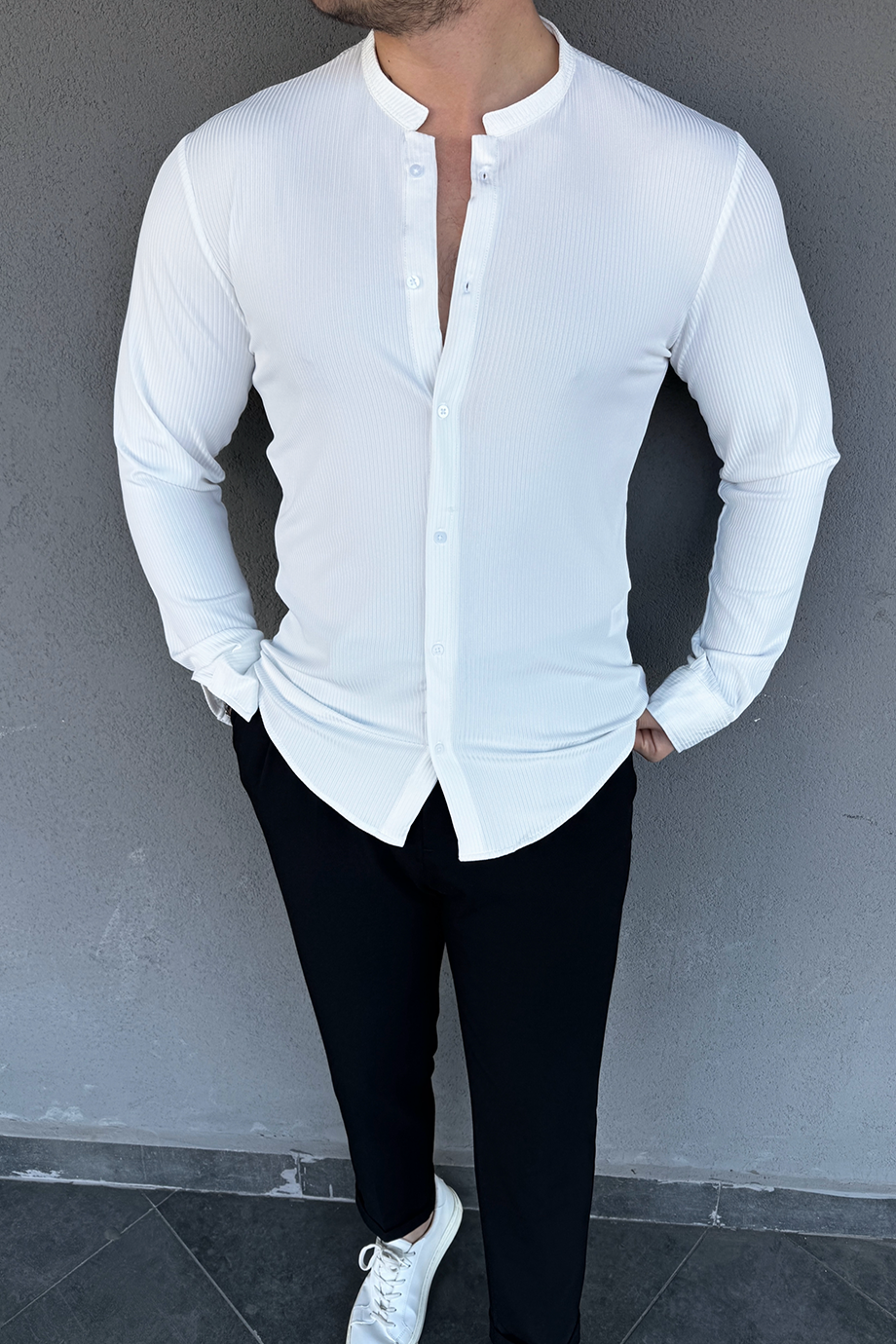 BEYAZ HAKİM YAKA FİTİLLİ GÖMLEK