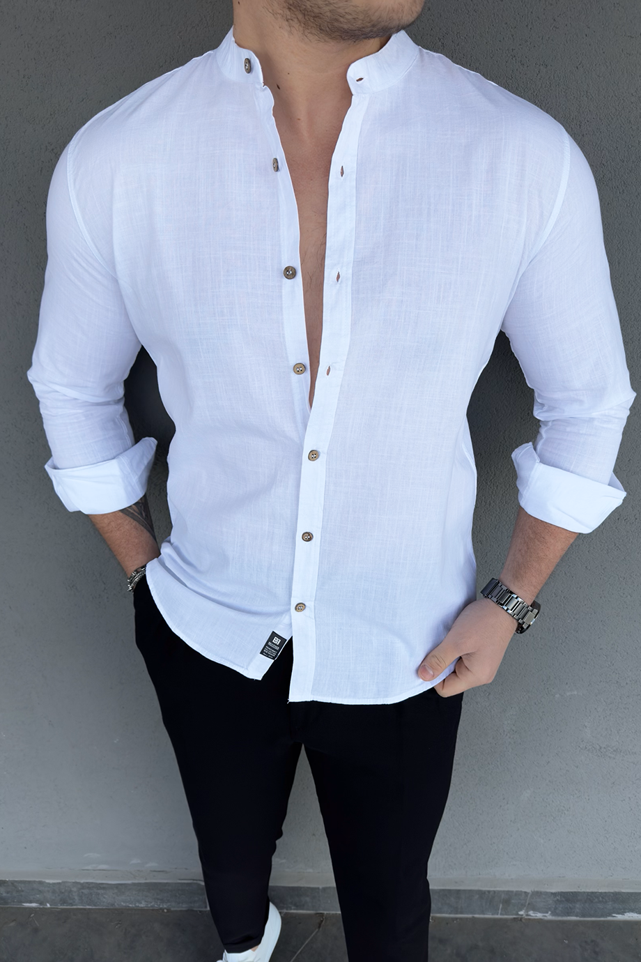 BEYAZ HAKİM YAKA KETEN KARIŞIMLI GÖMLEK