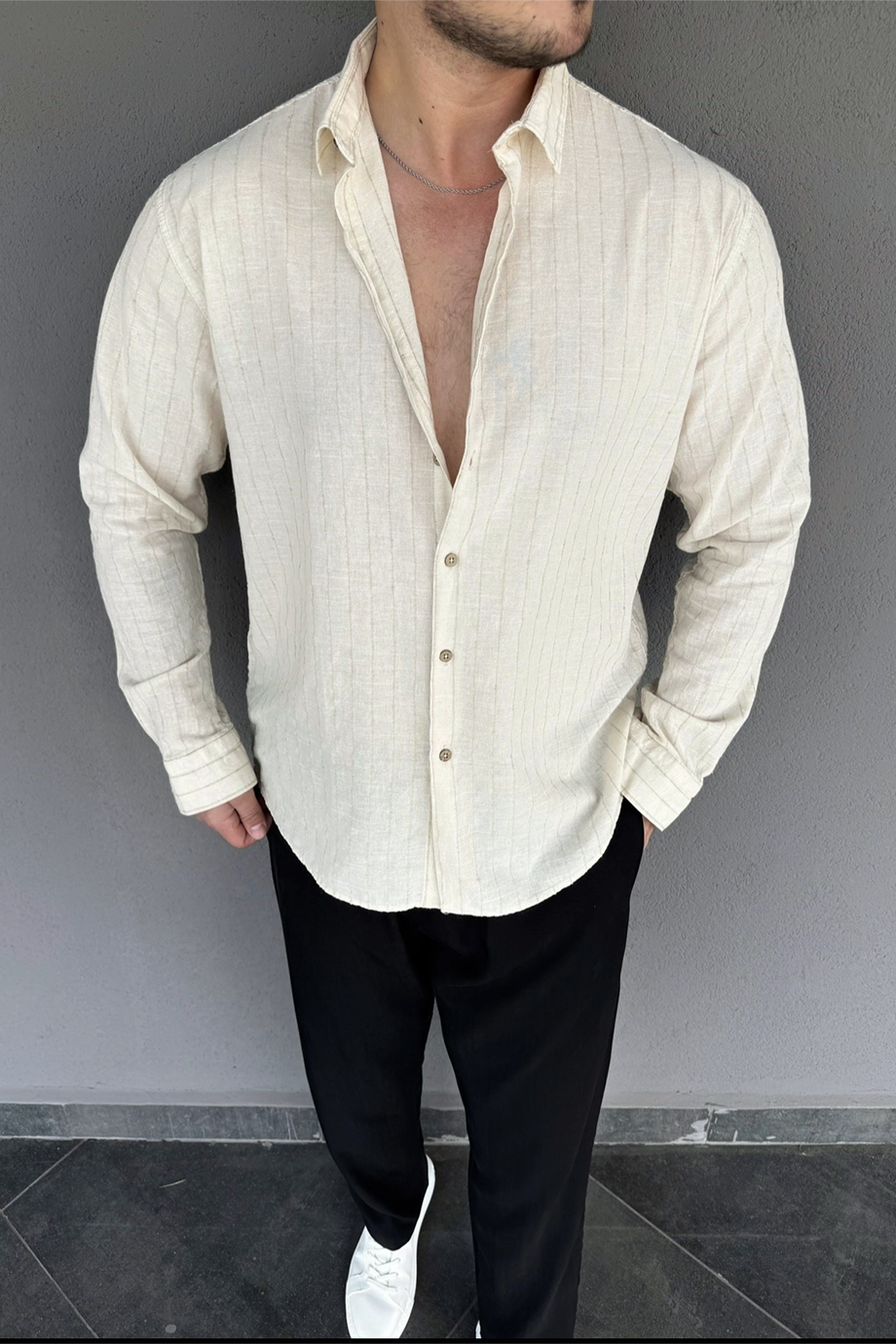 VANİLYA-KREM ÇİZGİLİ PREMİUM OVERSIZE GÖMLEK