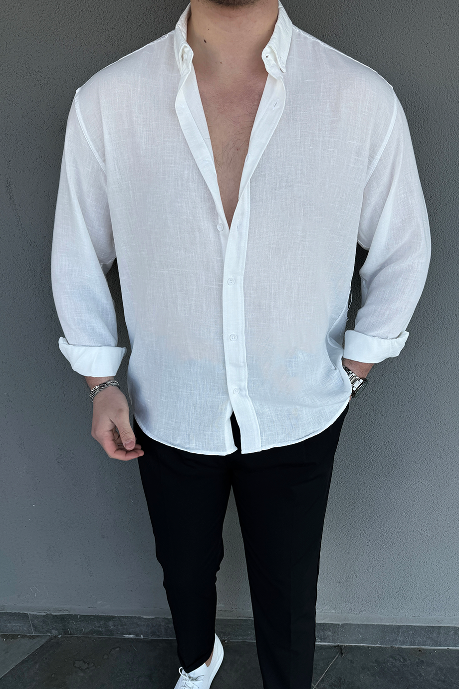 BEYAZ OVERSIZE KETEN KARIŞIMLI GÖMLEK