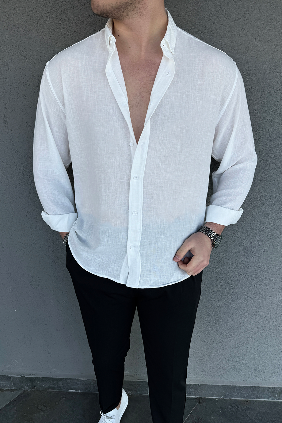 BEYAZ OVERSIZE KETEN KARIŞIMLI GÖMLEK