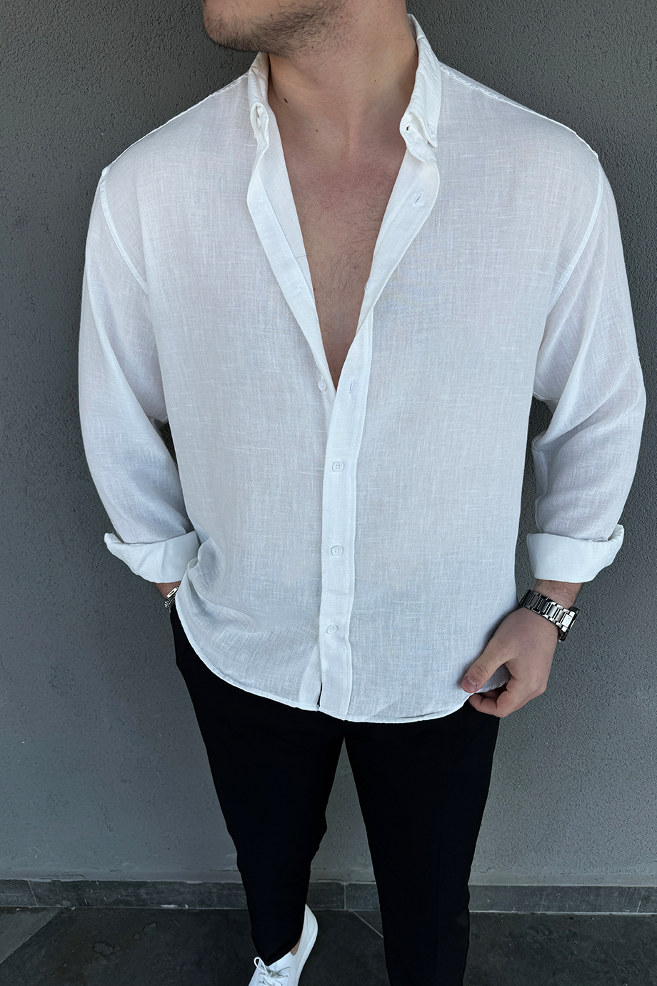 BEYAZ OVERSIZE KETEN KARIŞIMLI GÖMLEK