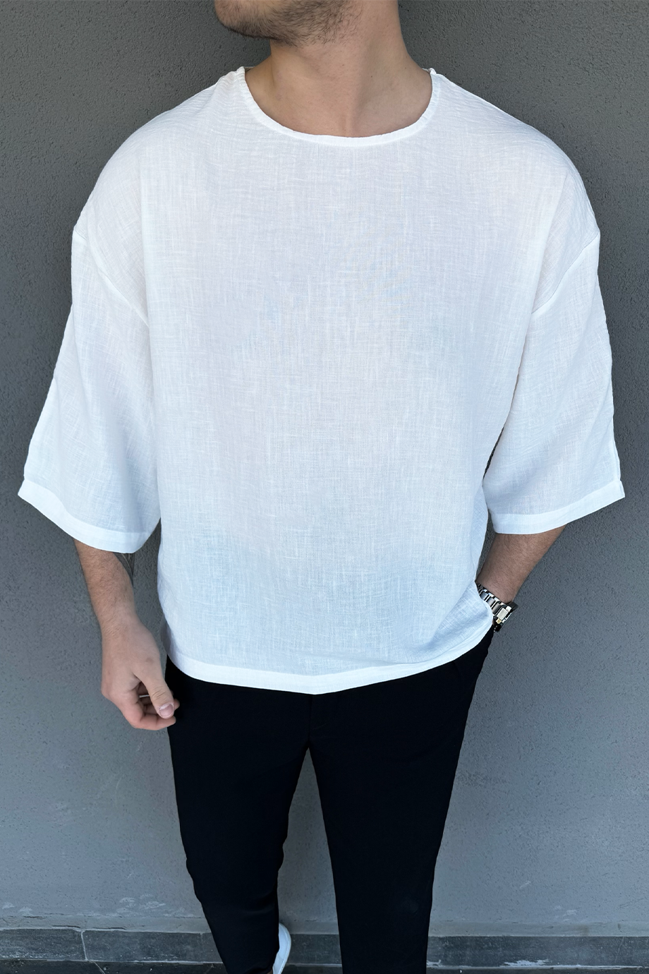 BEYAZ OVERSIZE YARIM KOL T-SHİRT