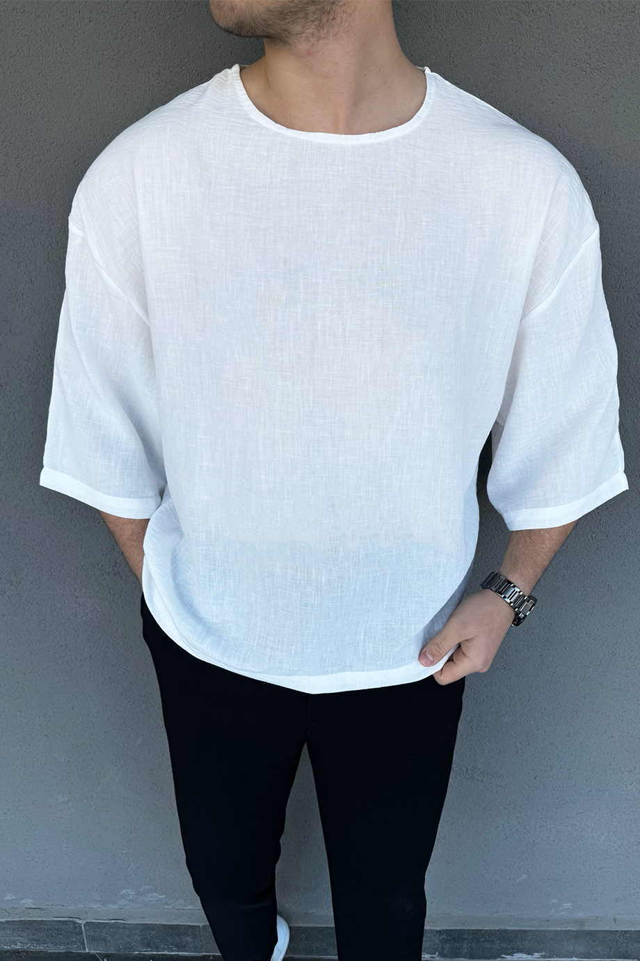 BEYAZ OVERSIZE YARIM KOL T-SHİRT