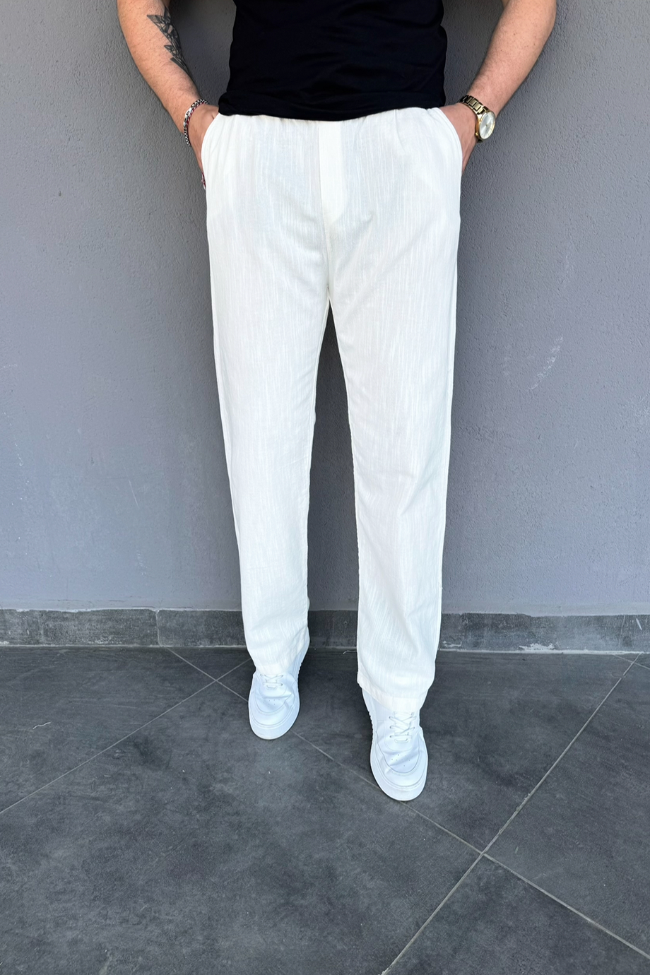 BEYAZ PAMUK KETEN BAGGY PANTALON
