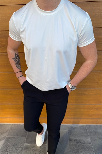 BEYAZ SCUBA KUMAŞ DOUBLE KOL LİKRALI T-SHİRT