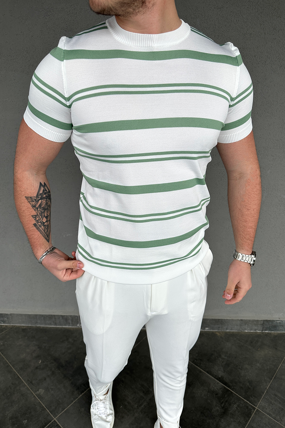 BEYAZ-YEŞİL ÇİZGİLİ TRİKO