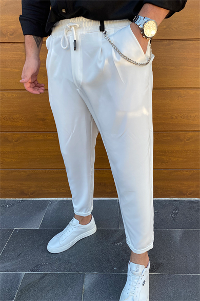 BEYAZ ZİNCİR DETAYLI RAHAT KALIP PANTALON