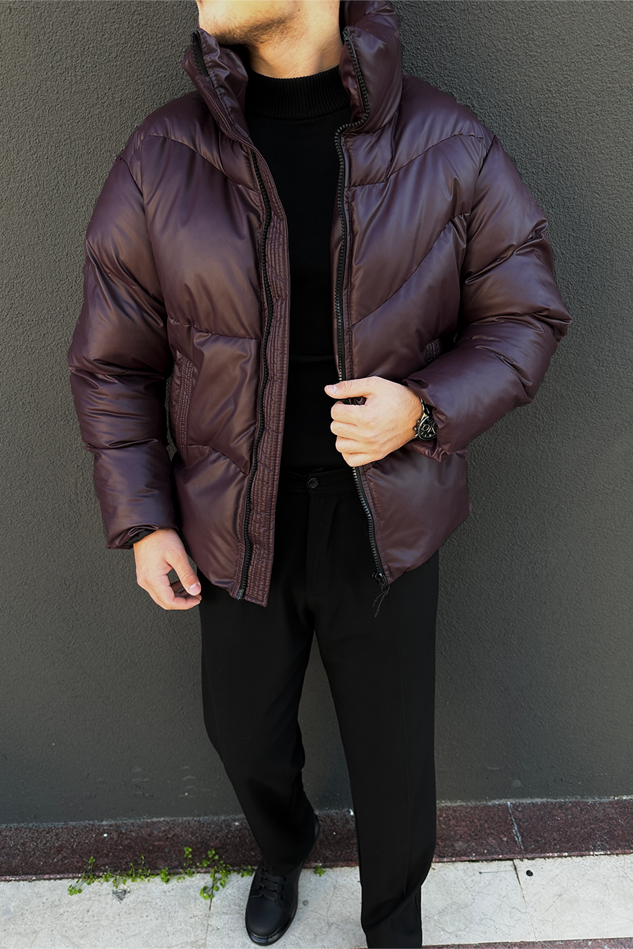 BORDO OVERSIZE DİK YAKA ŞİŞME DERİ MONT