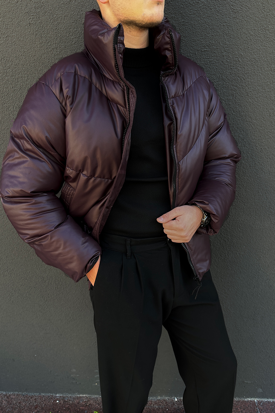 BORDO OVERSIZE DİK YAKA ŞİŞME DERİ MONT