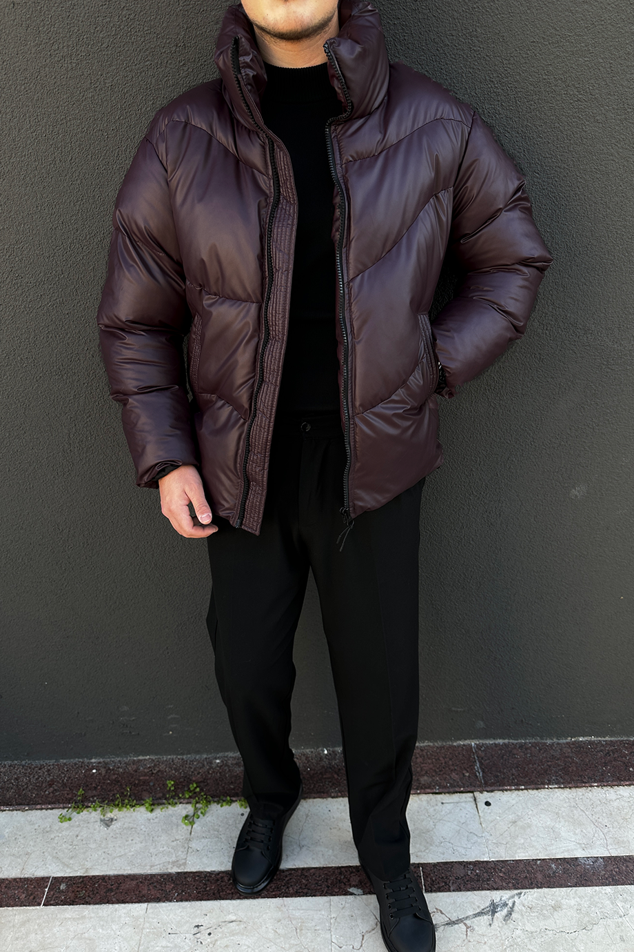 BORDO OVERSIZE DİK YAKA ŞİŞME DERİ MONT