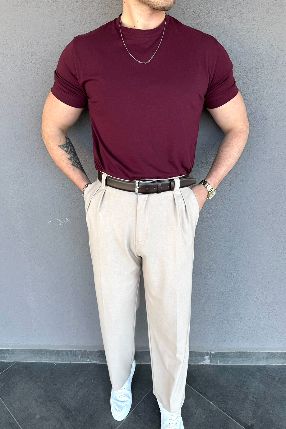 BORDO REGULAR FİT BASİC T-SHİRT