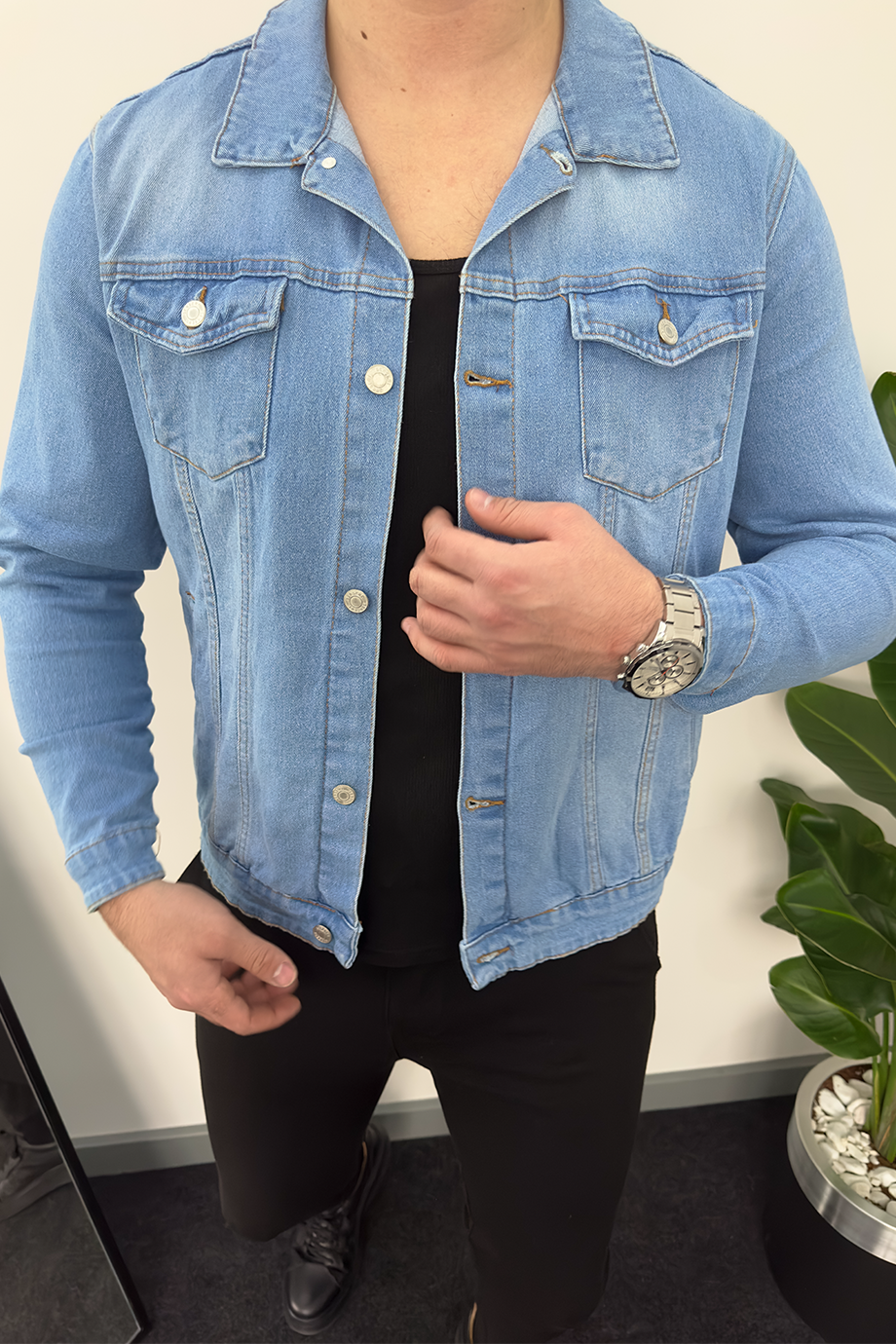 BUZ MAVİSİ YIKAMALI KOT CEKET