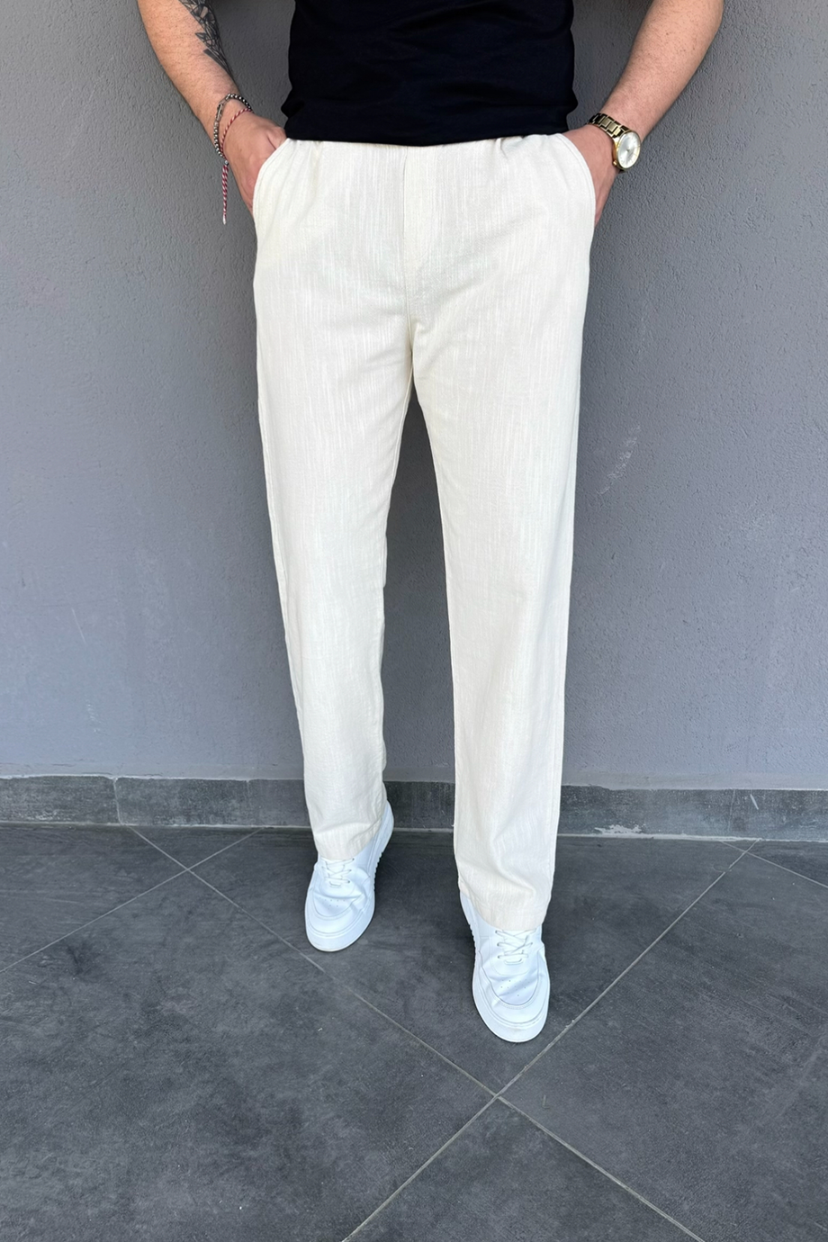 EKRU PAMUK KETEN BAGGY PANTALON