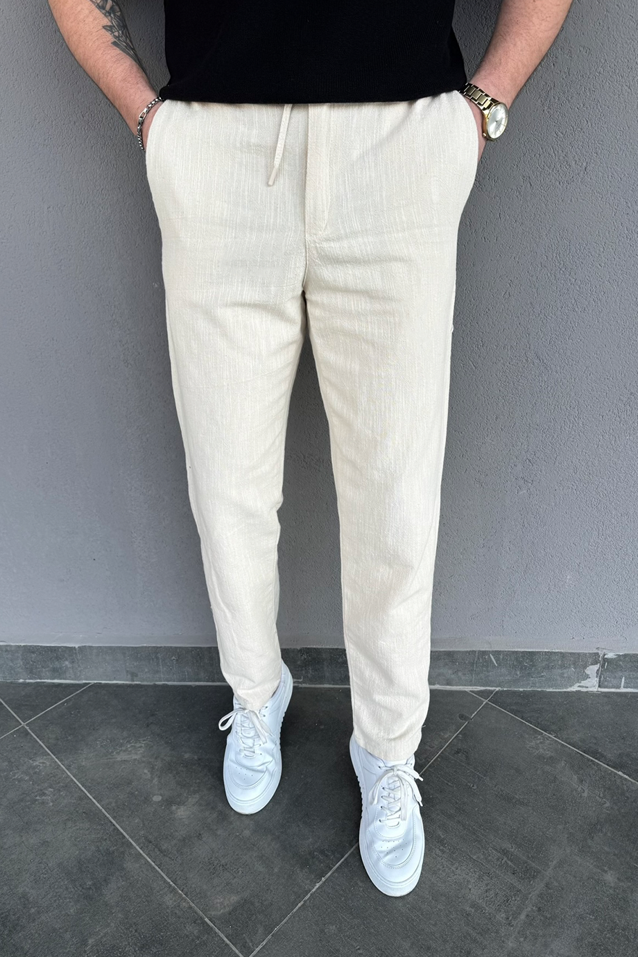 EKRU PAMUK KETEN REGULAR FİT PANTALON