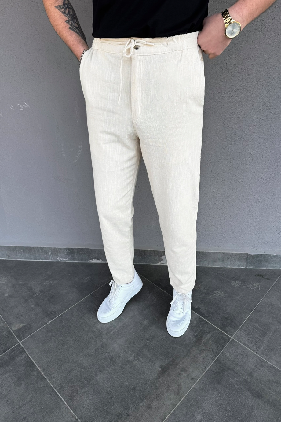 EKRU PAMUK KETEN REGULAR FİT PANTALON