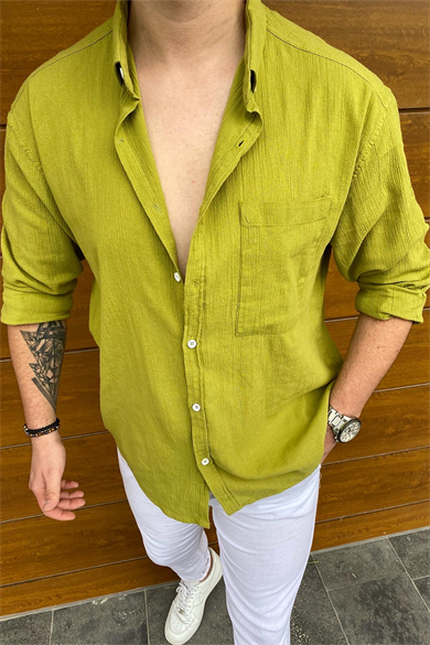 FISTIK YEŞİLİ HAM KETEN OVERSIZE GÖMLEK