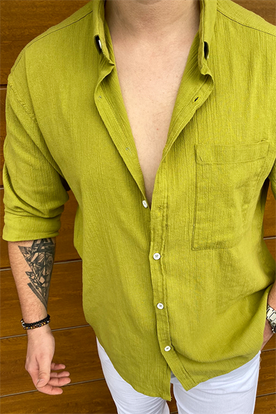 FISTIK YEŞİLİ HAM KETEN OVERSIZE GÖMLEK