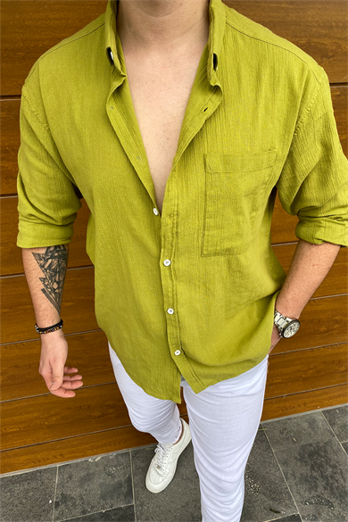 FISTIK YEŞİLİ HAM KETEN OVERSIZE GÖMLEK