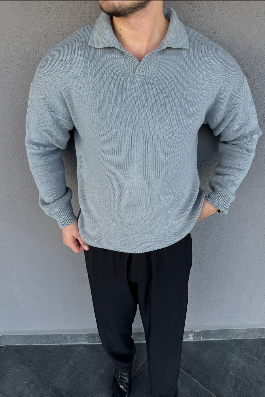 GRİ AÇIK YAKA KLASİK OVERSİZE TRİKO KAZAK