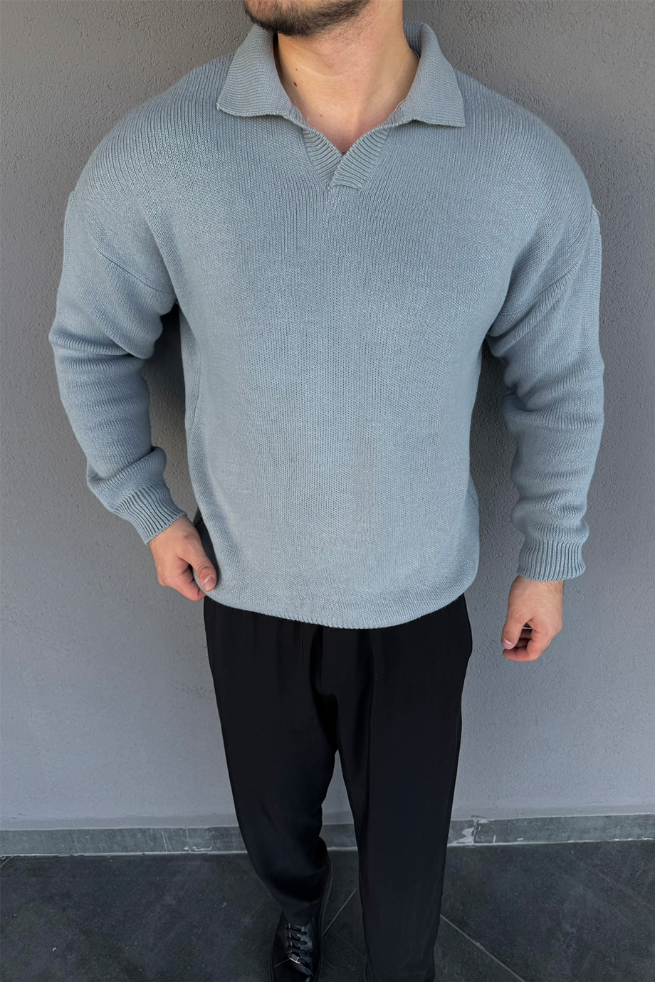 GRİ AÇIK YAKA KLASİK OVERSİZE TRİKO KAZAK