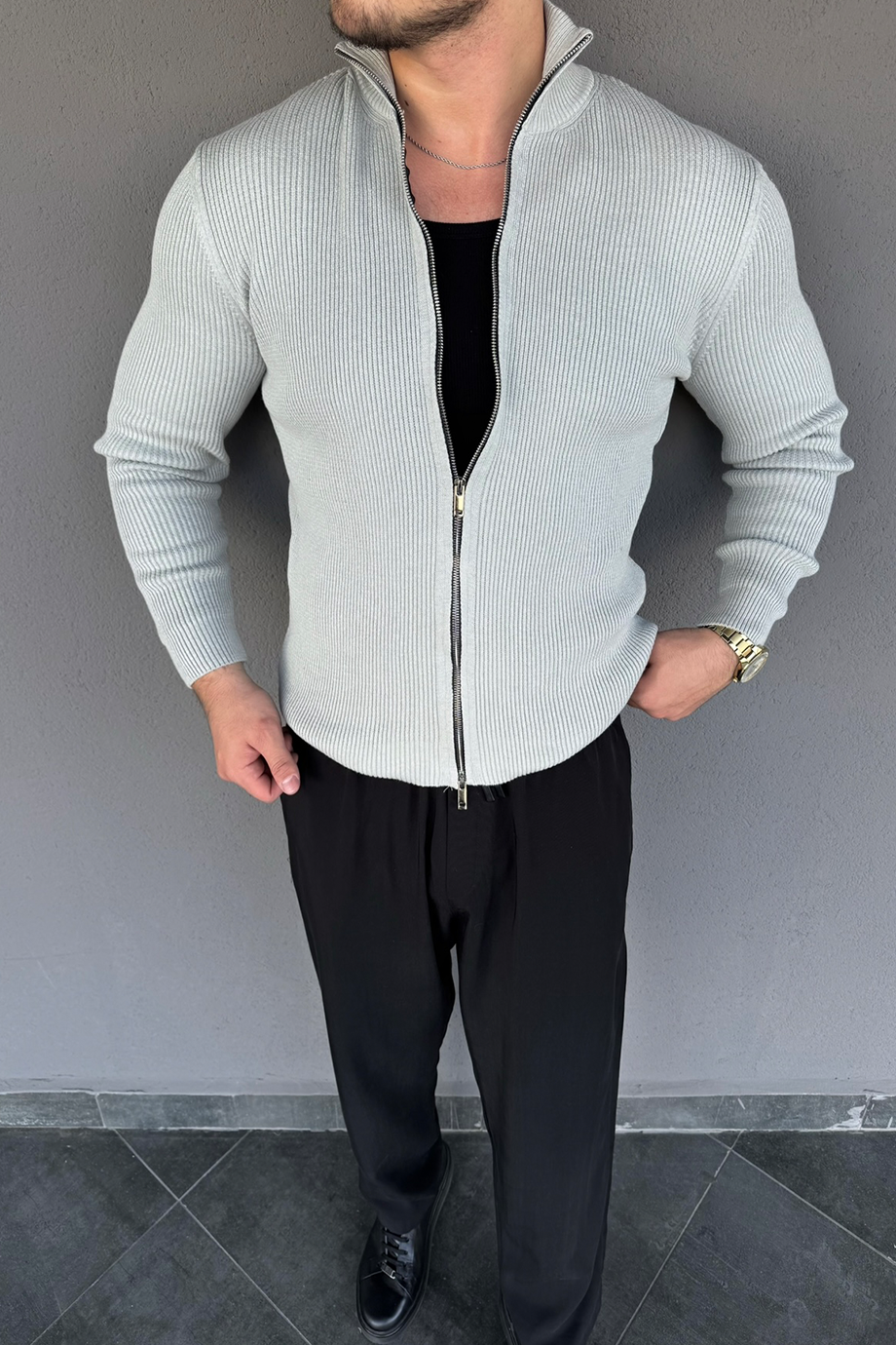 GRİ DİK YAKA FERMUARLI BASİC HIRKA