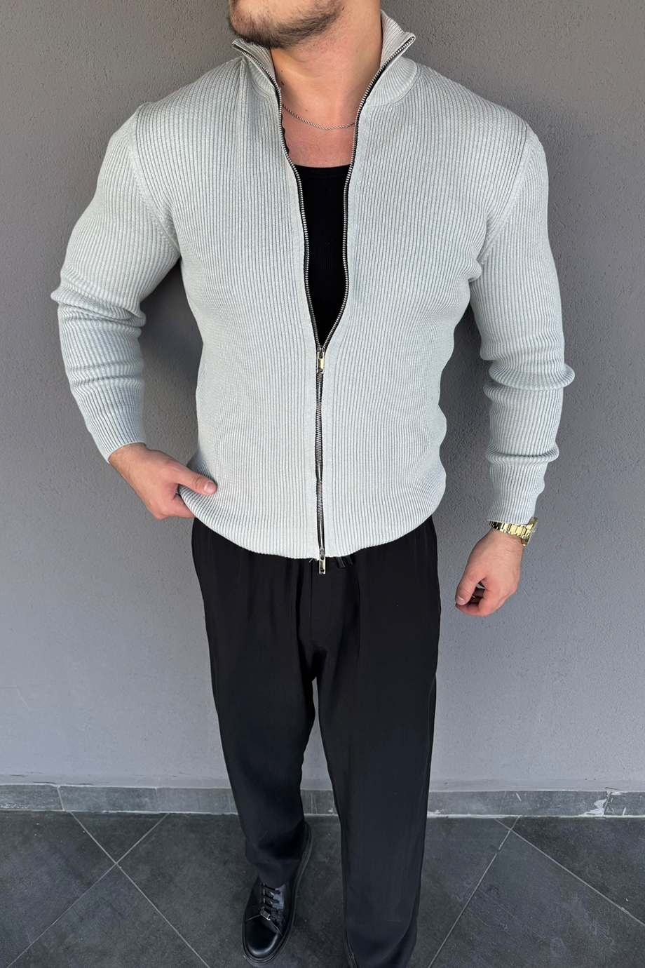 GRİ DİK YAKA FERMUARLI BASİC HIRKA