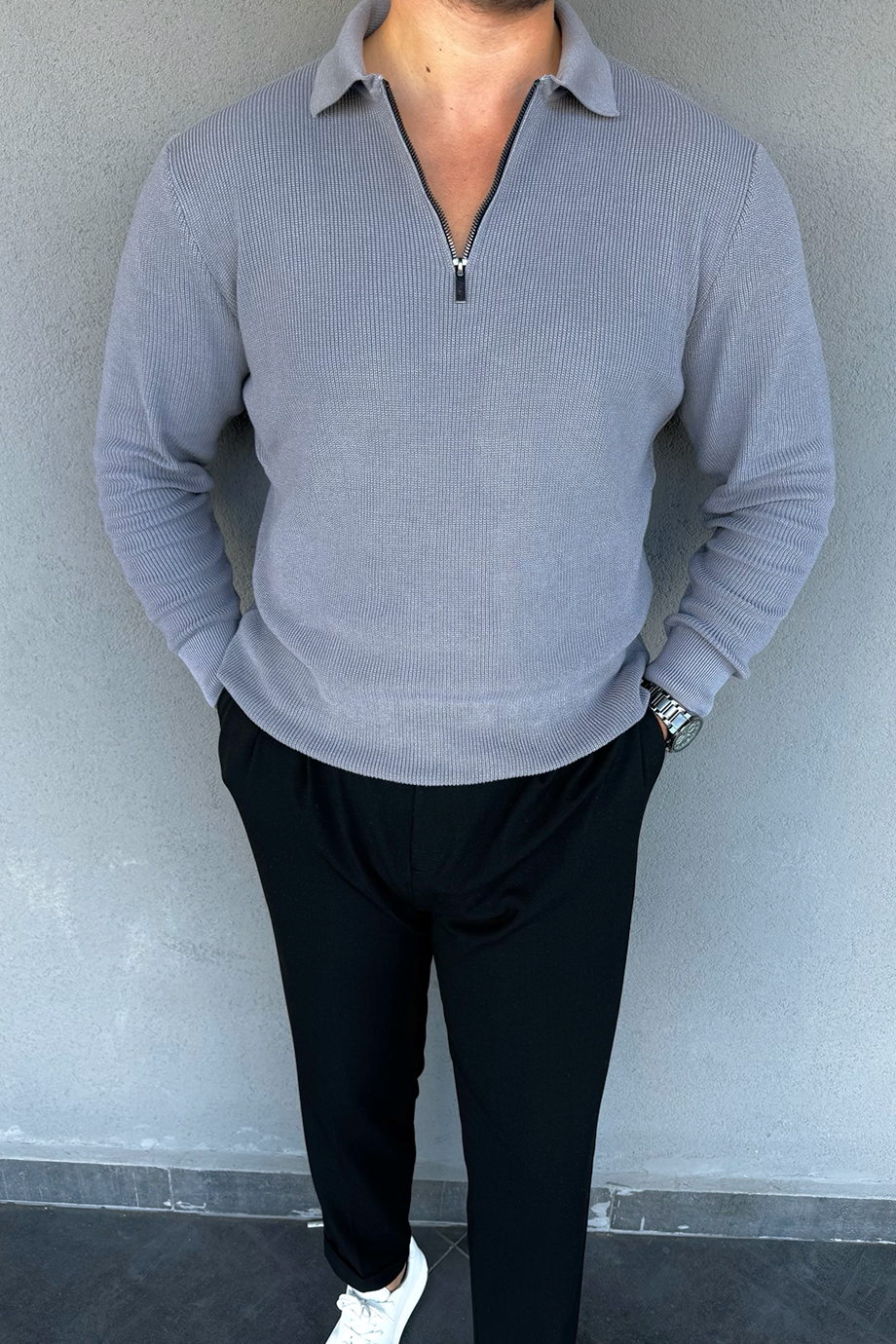 GRİ İNCE ÖRME FERMUARLI İNDİRİMLİ KAZAK