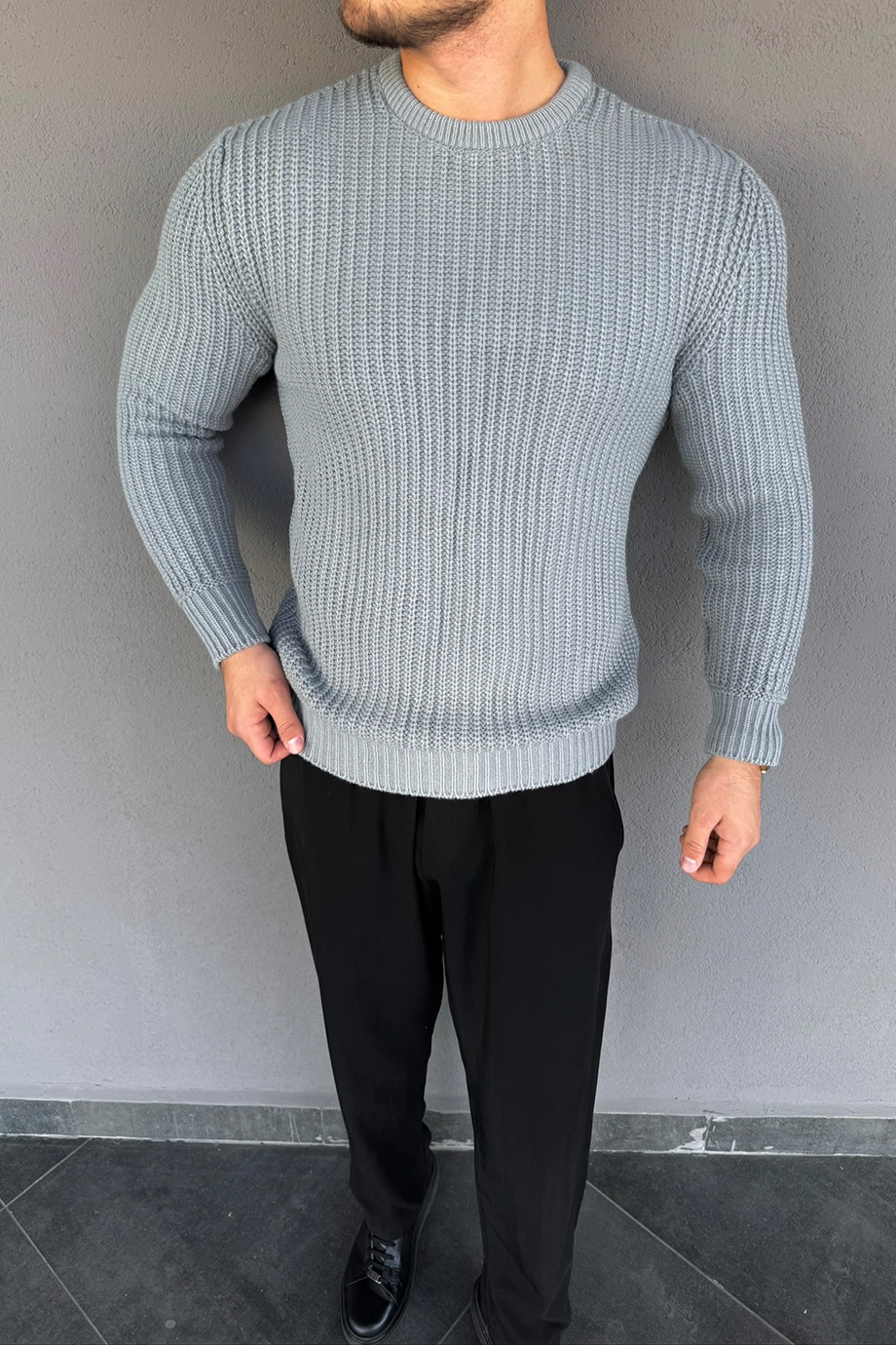 GRİ SELANİK ÖRME TAM KALIP KAZAK