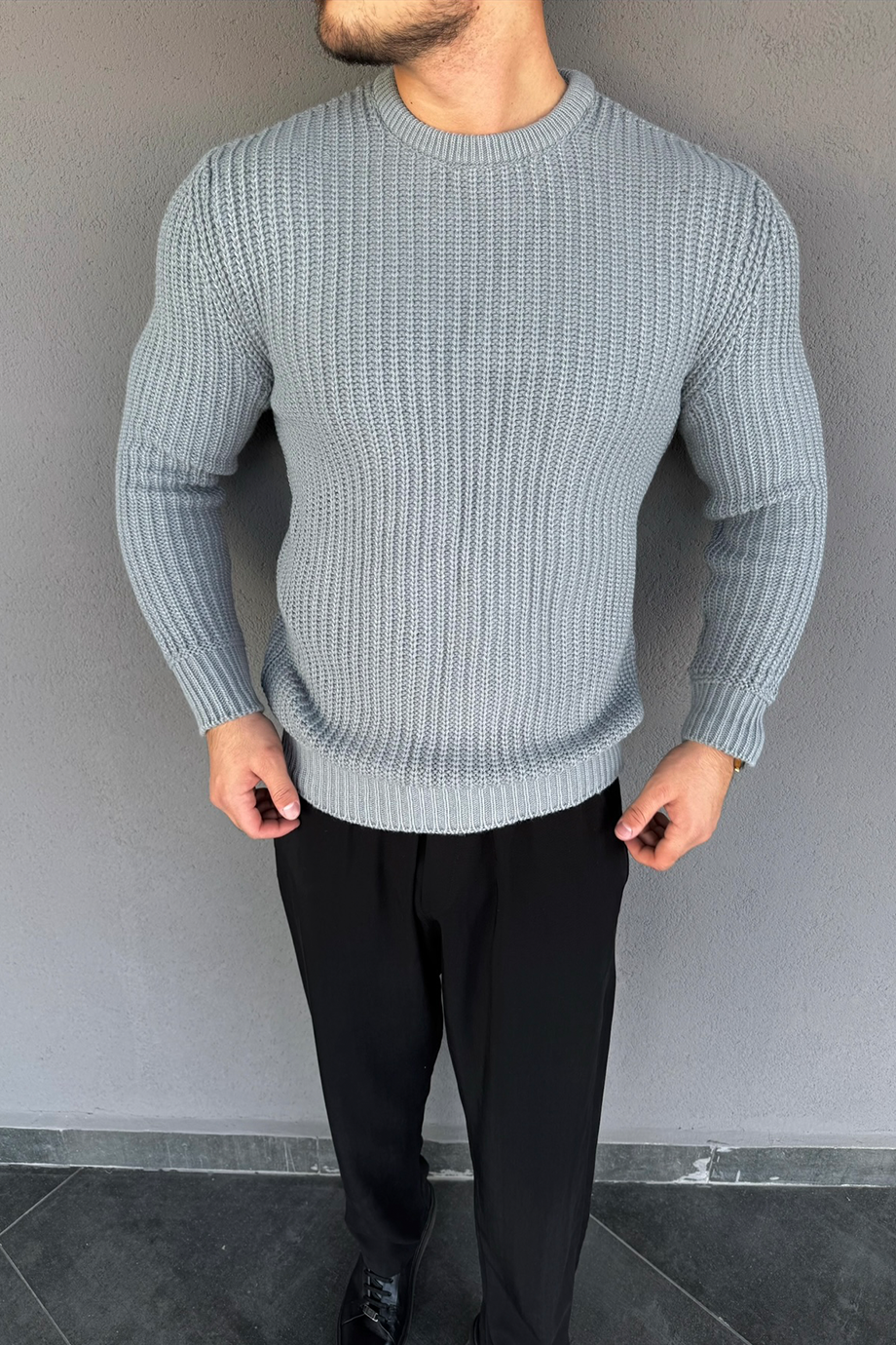 GRİ SELANİK ÖRME TAM KALIP KAZAK