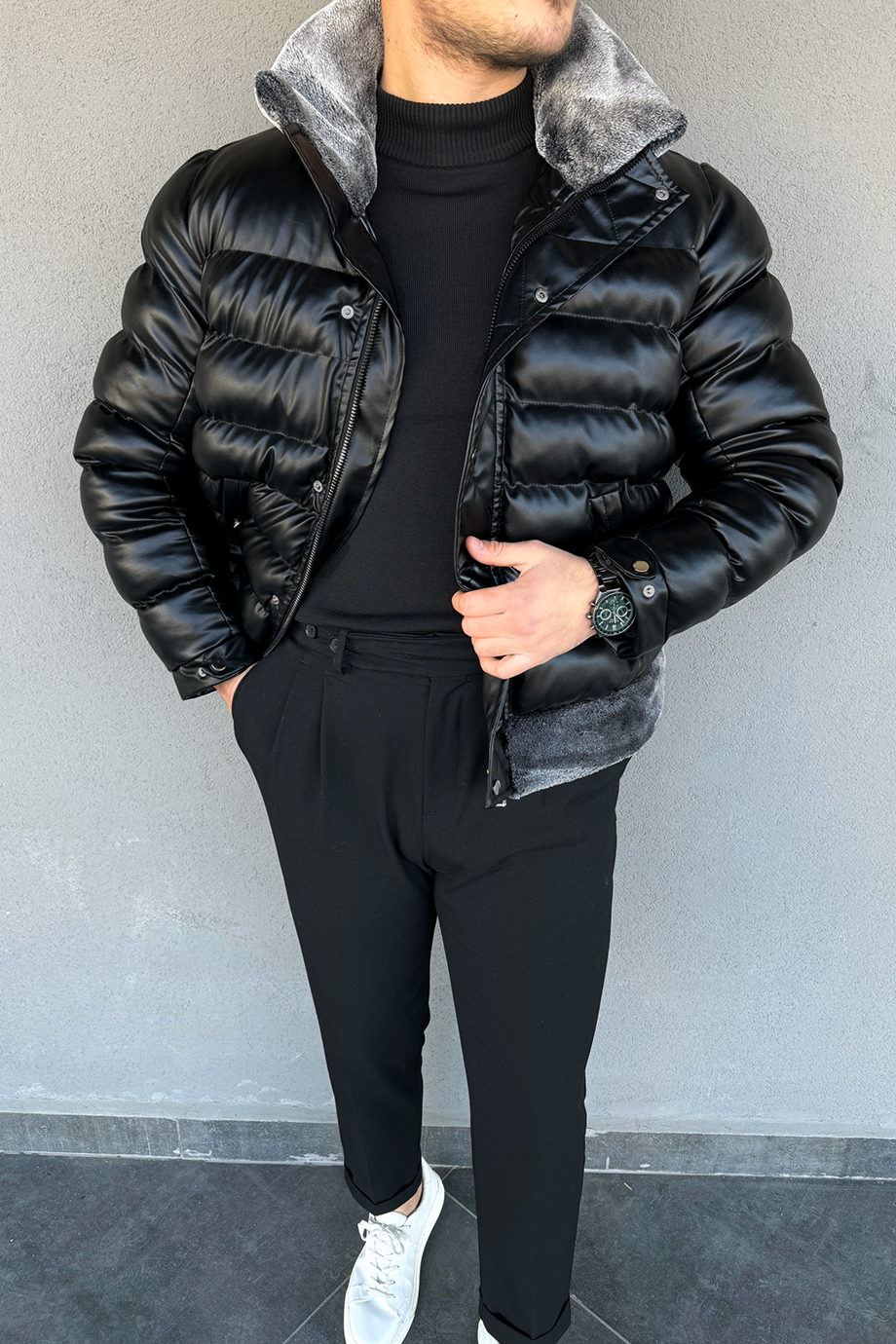 GRİ YAKA KÜRKLÜ ŞİŞME DERİ MONT