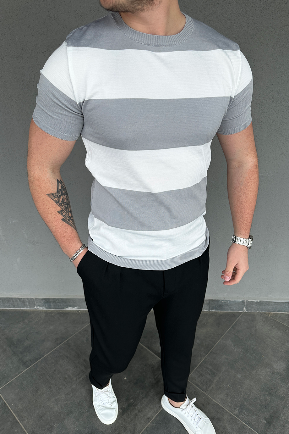 GRİ YATAY ÇİZGİLİ TRİKO