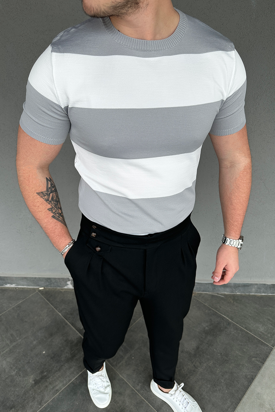 GRİ YATAY ÇİZGİLİ TRİKO