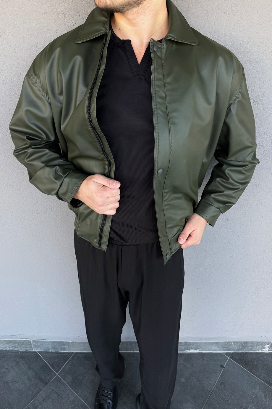 HAKİ İÇİ FULL KÜRKLÜ OVERSİZE DERİ MONT