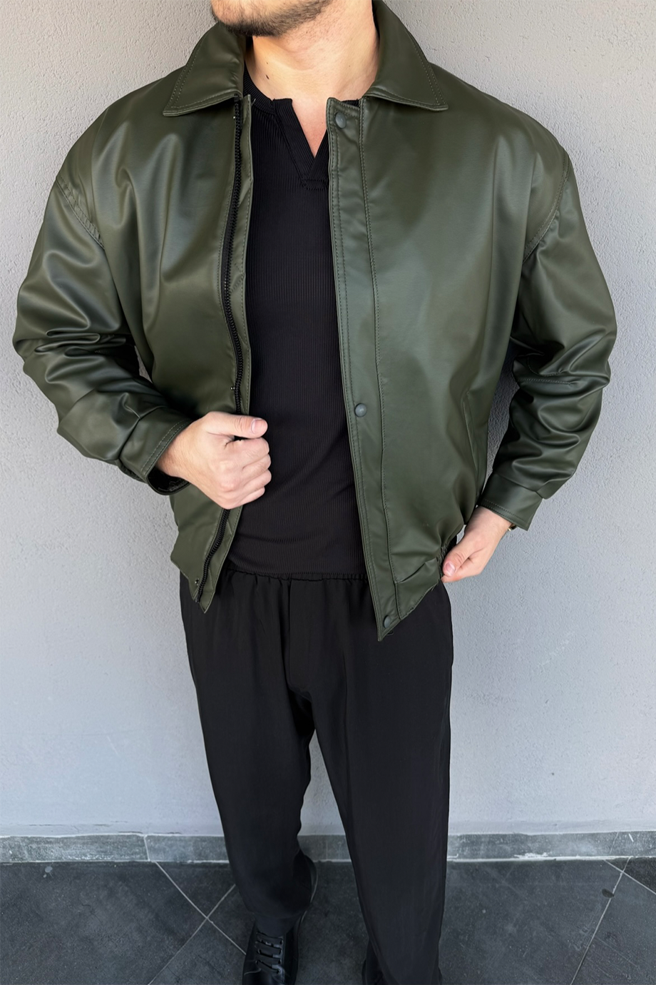 HAKİ İÇİ FULL KÜRKLÜ OVERSİZE DERİ MONT