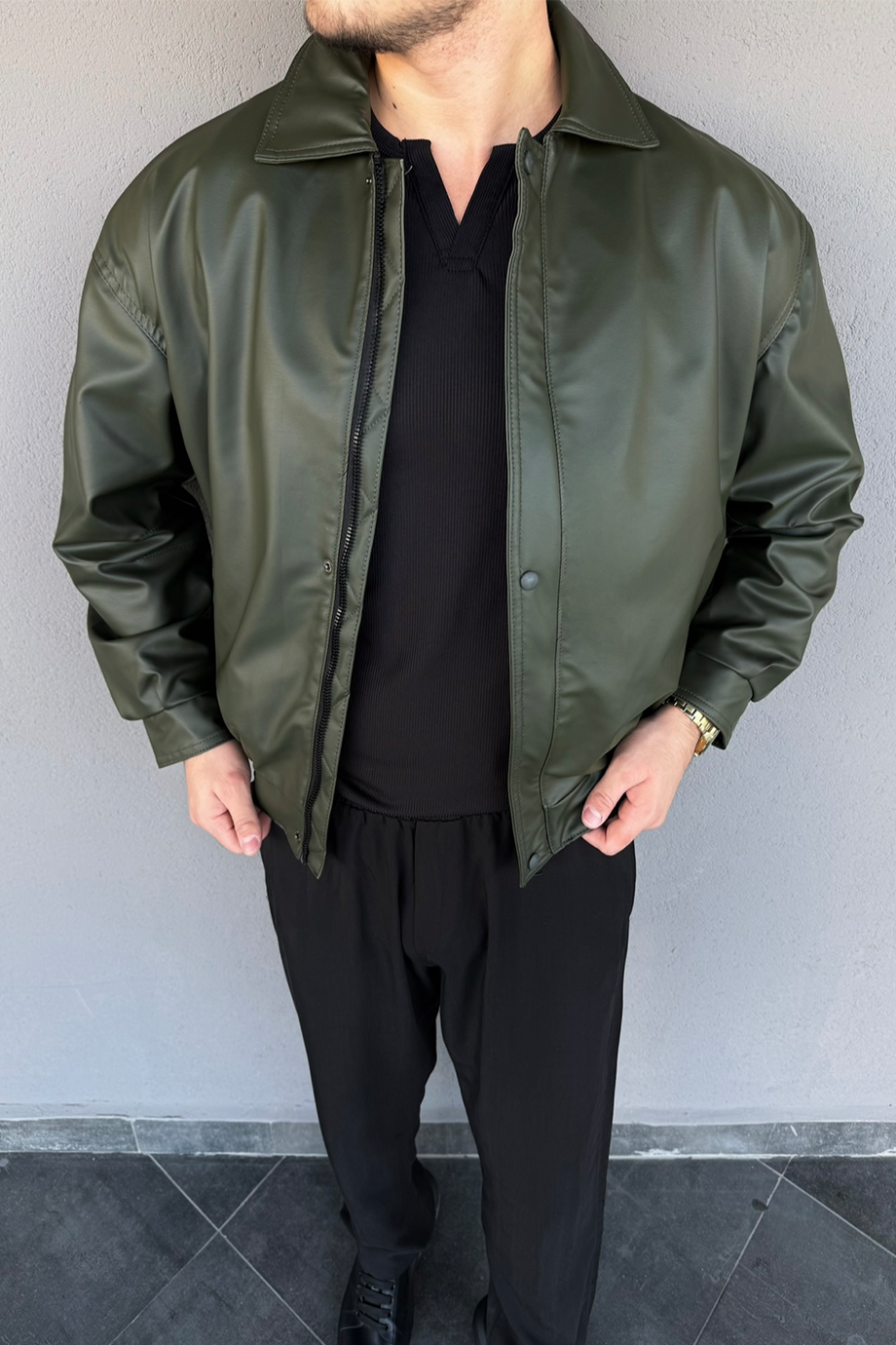 HAKİ İÇİ FULL KÜRKLÜ OVERSİZE DERİ MONT